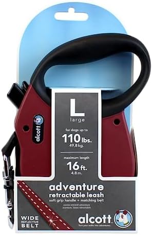 Alcott Adventure Retractable Reflective Belt Leash, 16' Long, Large for Dogs Up to 110 lbs, Red with Black Soft Grip Handle,RLSH AA LG RD