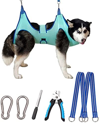 Kkiimatt Dog Grooming Hammock Harness, Hanging Harness Holder for Nail Clipping, Nail Trimming Hammock with Wide Strap, Grooming Sling Hanger Restraint Bag for Claw Care (XX-Large 65 LB Max/Turquoise)