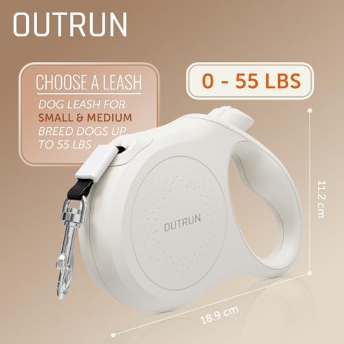 OUTRUN Retractable Dog Leash 16.5 FT Walking Leash up to 55 Lbs, Strong Nylon Tape No Tangle, Heavy Duty One-Handed Brake Lock Perfect for Small & Medium Sized Dogs and Pets (Cream White)