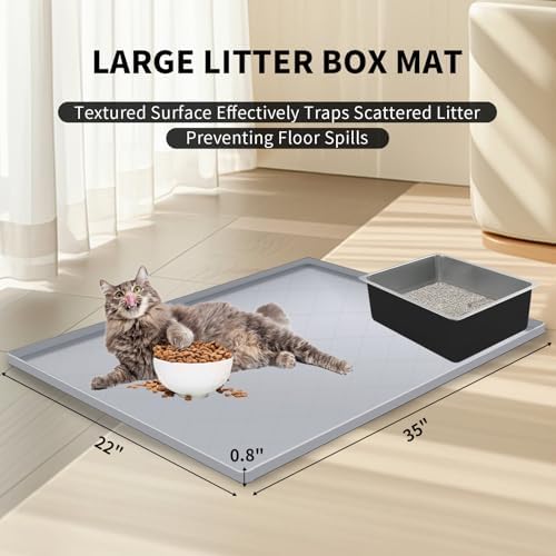 Cat Mat for Litter Box, Large 35" X 22" Cat Litter Mat, Indoor Waterproof Silicone Litter Trapping Pad for Floor, Soft on Kitty Paws, Easy to Clean, Non-Slip, Gray