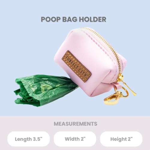 Dog Poop Bag Holder with Leash attachment, Waste litter bag container, Lead accessories, Metal hook hands free holder, Zipper pouch stylish gold hardware (Pink)