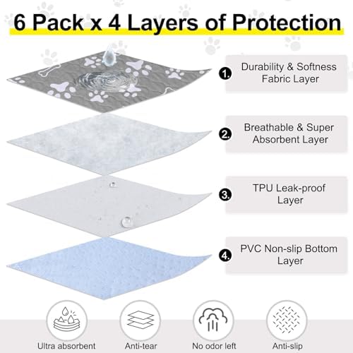 BEAUTYZOO 6 Pack Washable Pee Pads for Dogs, Reusable Puppy Pads for Potty Training, Waterproof Super Absorbent Whelping Pads Mats Non Slip Against Urine for Small Medium Dogs Cats, 30" x 34"