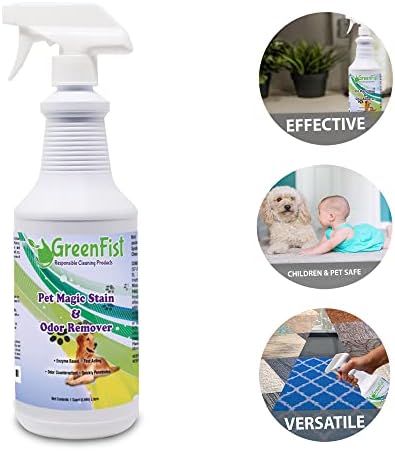 GreenFist Pet Stain & Odor Remover Magic Fast Acting Carpet Spot Cleaner Enzyme Powered Formula Cats,Dogs, Small Animal, 32 oz Spray