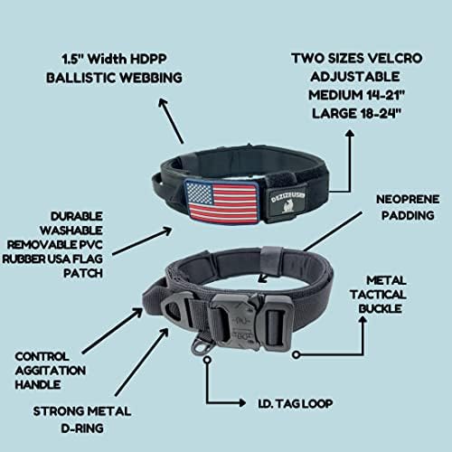 Tactical Dog Collar with Handle, American Flag Patch, 1.5 Inch Wide Thick Heavy Duty Nylon, Quick Release Metal Buckle, Customizable Name Plate, Ideal Dog Collars for Medium to Large Breeds K9 Harness