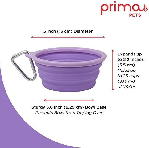 Prima Pet Collapsible Silicone Food and Water Travel Bowl with Clip for Dog and Cat, Small (1.5 Cups)