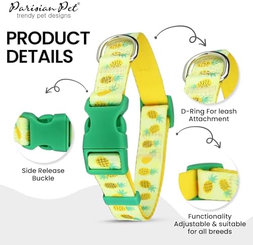 Parisian Pet Pineapple Dog Collar - Adjustable Girl Pet Collar with Secure Buckle and Metal D-Ring - Comfortable Designer Yellow Puppy Collars - Durable Nylon Dog Collars for Large Dogs