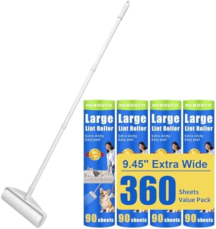 Large Lint Rollers for Floor Carpet, Sticky Floor Roller with 3 Extendable Long Handle for Pet Hair Removal, 9.45" Giant Lint Roller with 360 Sheets for Carpets, Beds, Cars, Clothing