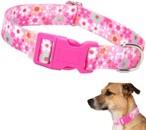 Pink Dog Collar for Large Dogs with Flowers for Girl Dogs-L