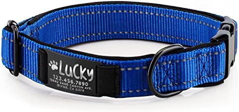 Improved - Personalized Dog Collars w/Engraved Metal ID Nameplate for Name & 3 Lines Text - Custom 20 Icons, 4 Adjustable Sizes, 10 Fonts - Dog Collar for Dogs, Dog ID Tag Personalized, Royal Blue