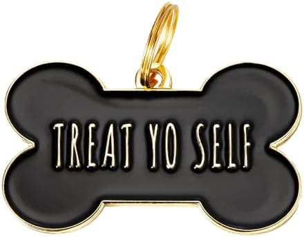 Two Tails Treat Yo Self Pet ID Tag, Dog Essentials, Personalized Dog Name Tag for Puppies & Dogs, Custom Engraved Charm for Collars & Harnesses, Pet Accessories, Cute Durable with Gold Plating, Black