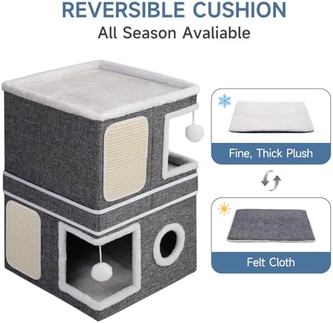 Shikha 2 Story Cat House beds for Indoor Cats with Scratch Pads Grey
