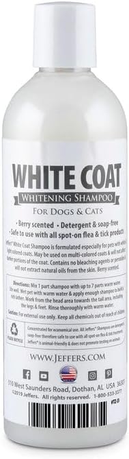 Jeffers Pet White Coat Shampoo for Dogs & Cats, 17 oz - Soap Free Coconut Cleanser with Vitamins A D E & Glycerin, Deodorizing Berry Scent Grooming Shampoo, Concentrated Bleach Free Formula, USA Made