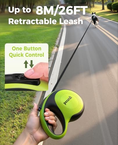Retractable Dog Leash with Flashlight, 26ft Heavy Duty Retractable Pet Leash with Light, One-Button Control, Anti-Twist Protection, Reflective Leashes for Medium Large Pets Dogs Up to 110 lbs