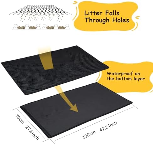 Cat Litter Trapping Mat, 47.2''x27.6'' Extra Large Cat Litter Mat Double Layer Waterproof Proof Litter Box mat, Non-Slip Design, Reduces Litter Scatter, Easy to Clean, Black