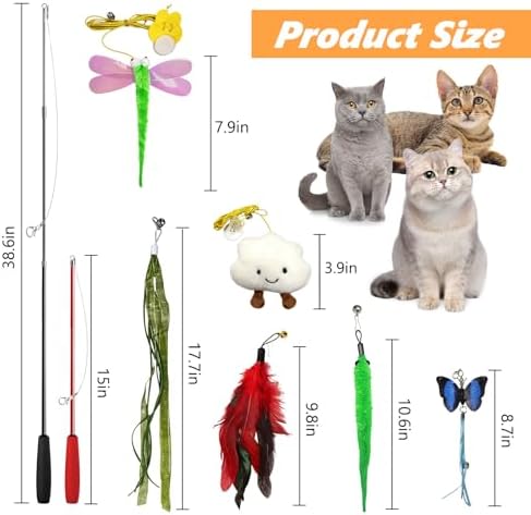Cat Toys Interactive Feather Teaser Wand Set, [11 Pack] Retractable Cat Fishing Pole Toy with Assorted Replaceable Attachments & Bells, Fun Hunting Exercise Toys