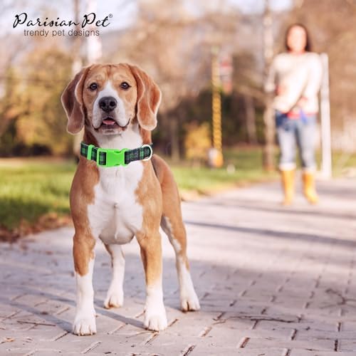 Parisian Pet Plaid Dog Collar - Adjustable Scottish Green Pet Collar with Secure Buckle and Metal D-Ring - Comfortable Designer Puppy Collars - Durable Nylon Checkered Dog Collars for Small Dogs