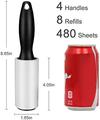 Lint Roller for Pet Hair - 480 Sheets, 4 Handles & 8 Refills, Easy-Peel Diagonal Cut, Strong Adhesive for Clothes, Furniture, Car, Dog & Cat Hair Remover