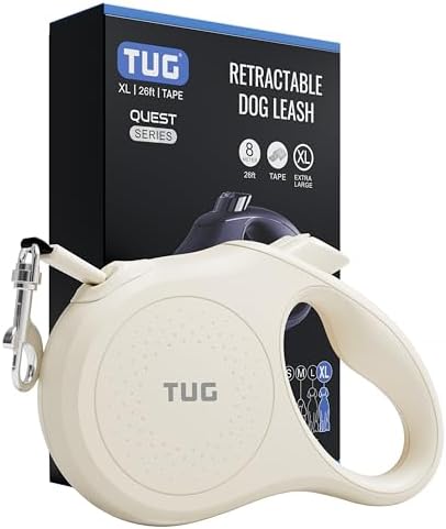 TUG Quest Retractable Dog Leash | 360° Tangle-Free | 26 ft Tape (XL, Cream)