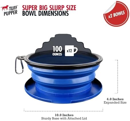 Tuff Pupper SuperBigSlurp Collapsible Dog Bowls | Two Pack Bowls | Extra Large Capacity | Portable, Food Safe, Odorless | Non-Toxic Silicone [Two Pack Blue Bowls 100oz]
