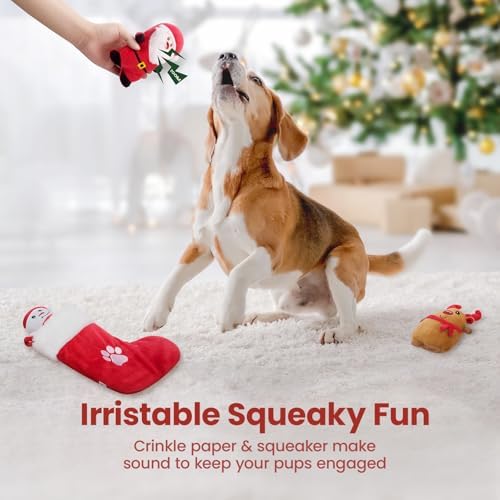 HGB Christmas Dog Toys, 4 Pack Plush Squeaky Dog Toys for Small Medium Breed with Dog Stocking to Keep Them Busy & Daily Companionship