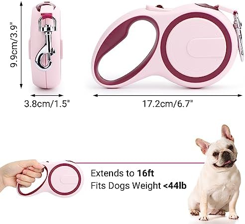Segarty Dog Retractable Leash, 16ft Heavy Duty Walking Dog Leash for Medium Small Pet up to 44lb, Anti-Slip Handle 360°Tangle-Free Nylon Tape, 1-Handed 1 Button Lock and Release (Pink Wine)