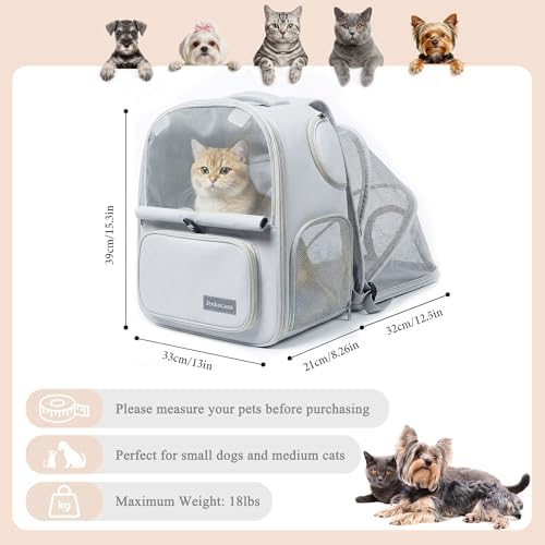 Cat Backpack Carrier Expandable, Breathable Mesh & Lockable Zippers & Shaded Curtains & Multi-Entry, Pet Backpack for Kitty Puppy Small Dogs Up to 18lbs for Travel, Hiking, Car, Vet(Light Grey)