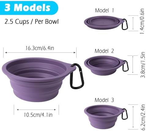 PetBonus 2-Pack Silicone Collapsible Dog Bowls, BPA Free Dishwasher Safe, Portable Foldable Expandable Travel Bowl, Food Water Feeding Cup Dish for Dogs Cats with 2 Carabiners (Black, Dark Purple)
