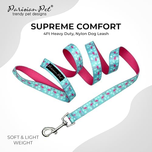 Parisian Pet Flamingo Dog Leash - Nylon Heavy Duty Training Leashes for Dogs with Comfortable Handle - Strong Metal Clip 4Ft Puppy Leash - Durable Chew Proof Leashes for Small and Medium Dogs Girl