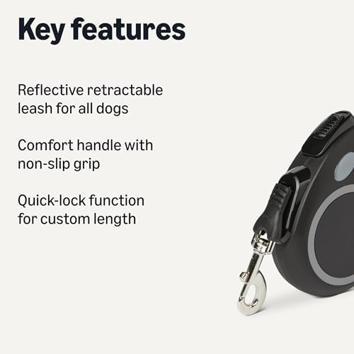 Amazon Basics Reflective Retractable Dog Leash, 16.4 Ft Tape Leash for Dogs Up to 110 Lbs, Non-Slip Comfort Grip, Quick-Lock, Large, Black