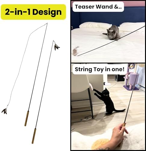 Forever Stick 2-Pack - The Unbreakable Cat Wand Toy, Durable Cat Toy Wand, Extra Long Cat String Toy, Cat Fishing Pole Toy for Bored Indoor Adult Cats, Cat Stick Toy, Cat Feather Wand, Cat Teaser Wand