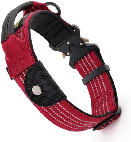 Plutus Pet Tactical Dog Collar with Pocket for AirTag, Red, L