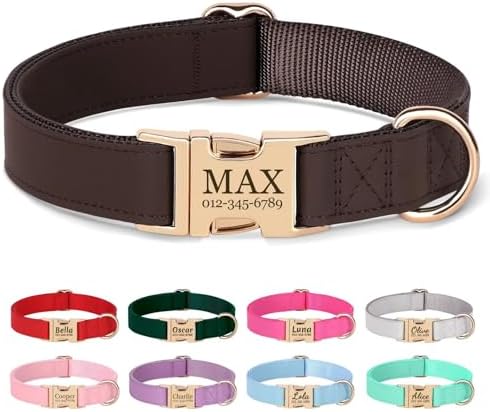 PET ARTIST Personalized Dog Collars, Custom Engraved Dog Collar with Silent Name Tag, Gold Quick Released Buckle & Soft Nylon Padded, Elegant Colors & Matching Leash for Medium Dogs,Brown,M Fit 13-19"