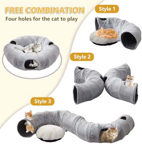WINDRACING Cat Tunnel Bed for Indoor Cats - Cute Cat Donut Tunnel with Washable Circle Cushion, Round Pet Play Toy for Kitten/Puppy/Rabbit, Grey