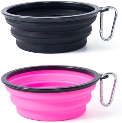 Dog Bowl Pet Collapsible Bowls, 2 Pack Collapsible Dog Water Bowls for Cats Dogs, Portable Pet Feeding Watering Dish for Walking Parking Traveling with 2 Carabiners (Black+Pink, Medium)