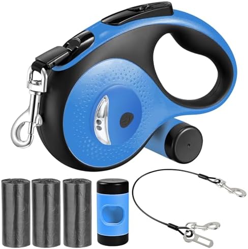 26Ft Retractable Dog Leash - for Dog Up to 110lbs, Tangle Free Walking Leash with Chew Proof Cable | LED Light | Dispenser | Poop Bags, Quick Lock Braking & Non-Slip Handle (Blue)