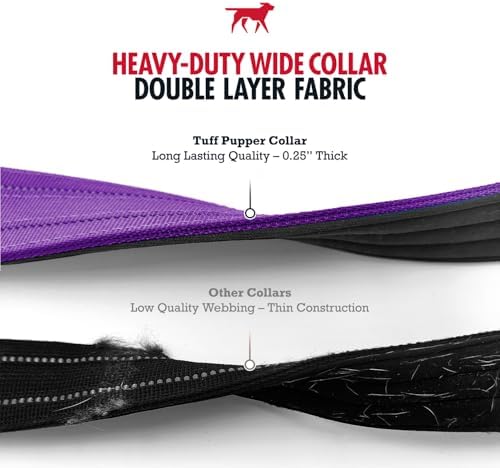 Tuff Pupper Heavy Duty Tactical Dog Collar | 1.5" Wide Ballistic Nylon | Reflective Stitching | Integrated ID Tag Holder | Stainless Steel Buckle | Padded Lining | Medium & Large Dogs (Purple, Large)
