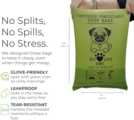 100% Certified Home Compostable Dog Poop Bags, Extra Thick, Plant-Based, Plastic-Free, Unscented, 240 Bags (16 Rolls), Leakproof & Easy Open