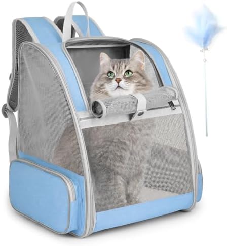Cat Backpack Carrier, Large Pet Backpack with Kitten Wand Feather Toy for Medium Small Dog Cat Puppy Kitty Bunny up to 15lbs, Ventilated Mesh Dog Travel Carrier for Hiking Walking Outdoor Use (Blue)