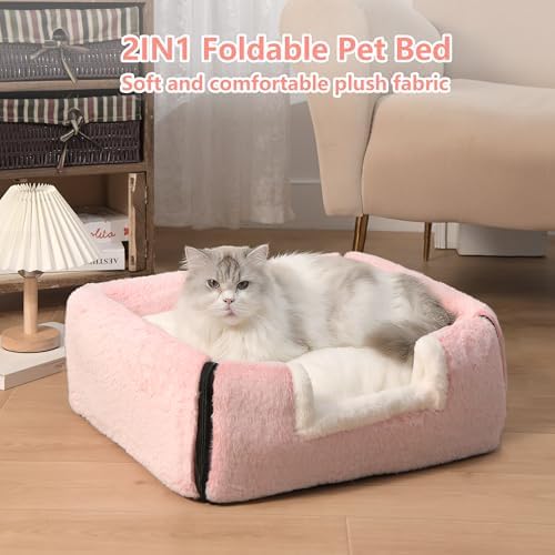 Cat Bed for Indoor Cats，Foldable cat cave，Anti-Slip & Water-Resistant Bottom，cat Houses for Indoor Cats or Small Dogs, Kitten Tent, Rabbit Bed (Pink, L:(17.5"×16.9"×15.9"))