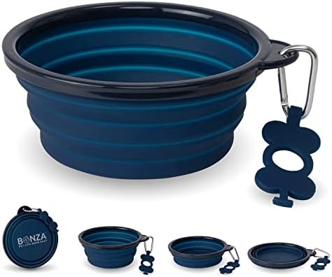Bonza Collapsible Dog Bowl - Portable Travel Water Bowl for Dogs - Dishwasher Safe Silicone Pet Dish - Collapsible Pet Dish with Carabiner Clip - 50 Oz, X-Large, Navy Blue