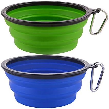Guardians Large Collapsible Dog Bowls, 34oz Travel Water Food Bowls Portable Foldable Collapse Dishes with Carabiner Clip, 2 Pack (Green+Blue)