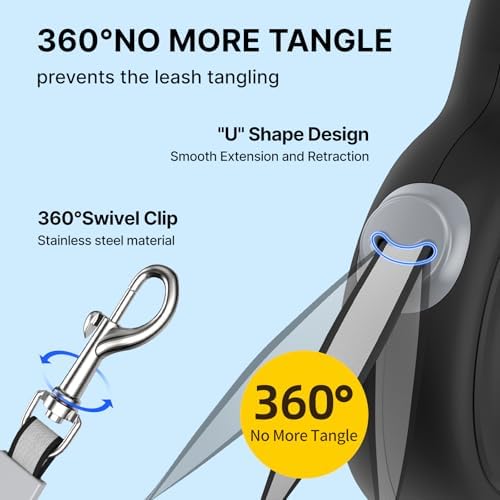 16Ft Retractable Dog Leash with Chew-Proof Steel Cable, 360° Tangle-Free, Built-in Poop Bag Dispenser, Ergonomic Comfort Grip Handle for Medium Large Dogs Up to 130lbs
