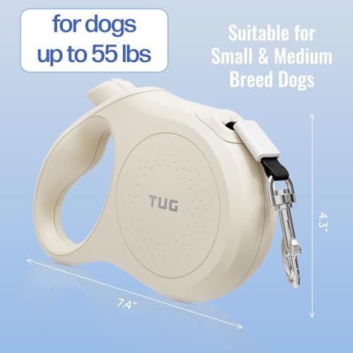 TUG Quest Retractable Dog Leash | 360° Tangle-Free | 16 ft Tape (M, Cream)