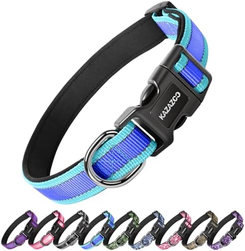 Kazazoo Large Dog Collar, Reflective Nylon Collar,No Pull,Heavy Duty Collar,Soft Neoprene Breathable & Quick Release Buckle Dog Collars for Labrador Retriever,German Shepherd,Golden Retriever Blue-L