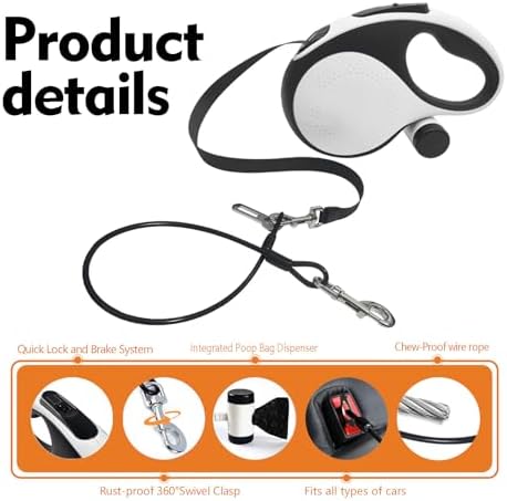 26Ft Retractable Dog Leash with Chew Proof Cable,Heavy Duty Dog Leash with Removable Poop Bags for Medium Large Dogs up to 110lbs,Strong Nylon Tape No Tangle,One-Handed Brake (White)