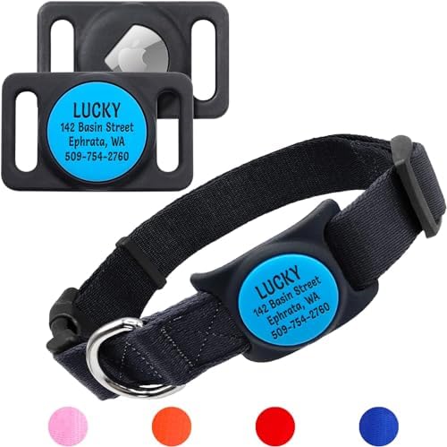 GoTags Personalized Dog Collar with Custom Engraved Holder for AirTag, Adjustable Dog Collar Pet ID Tag, Silent, No Noise Dog Tag for Large Medium or Small Dogs (Black, Large)