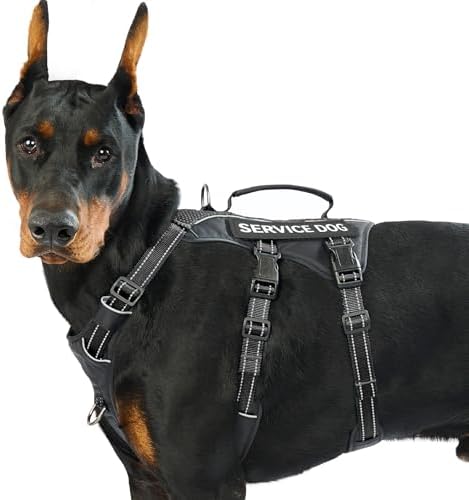 Huntboo Service Dog Vest Harness, Escape Proof Harness with 6 Patches, No-Pull, Reflective Harness with Handle, Adjustable for Small to Large Dogs, for Training and Hiking (Black, L)