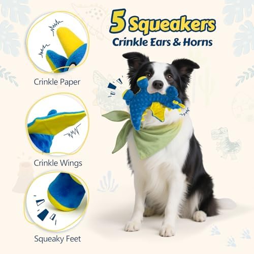 Squeaky Dog Toy - Plush Dragon with 5 Squeakers and Crinkle Wings