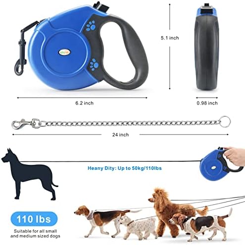 Idepet Heavy Duty Retractable Dog Leash Steel Chain 16ft Pet Leashes