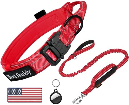 AUBELL Reflective Tactical Heavy Duty Dog Leash and Collar Set,Red L